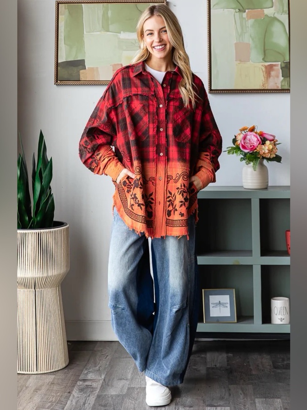 Oli & Hali Mineral Washed Plaid Embroidered Shirt Relaxed Cotton Women Size L - Picture 3 of 16